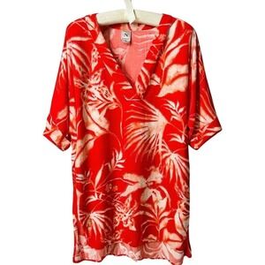 Natori Women's MEDIUM Orange Floral V-Neck Blouse Short Sleeve Top - CJ
